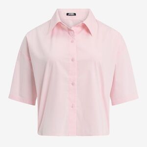 Express: Light Pink Stretch Cotton Poplin Short-Sleeved Cropped Shirt, Medium